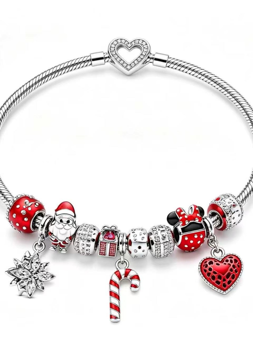 Pandora Silver Charm Bracelet with Red Enamel Holiday Accents